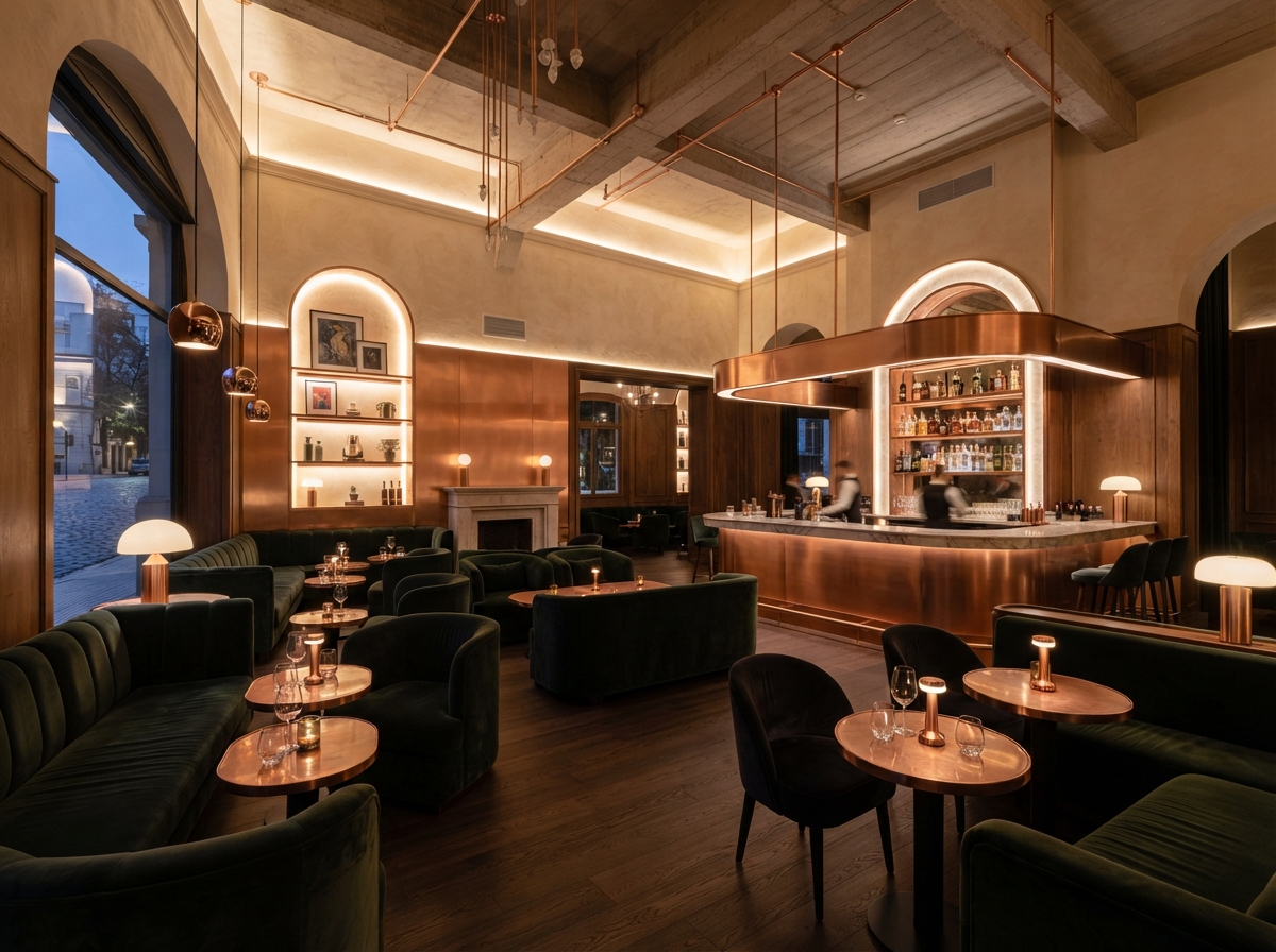 Upscale entertainment lounge with green and cream interiors